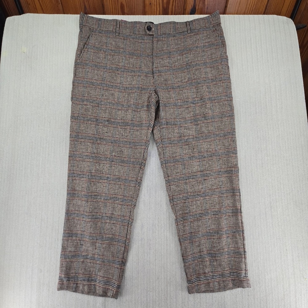 Houston White Pants Mens 2XL Brown Plaid Tweed Dress Elastic Waist Straight Leg